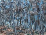 painting of a group of trees in a forest with a blue sky