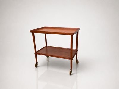 an image of a small wooden table on wheels on a white surface