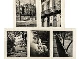 four black and white photographs of a bridge over a river