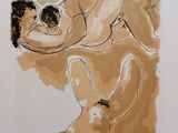 drawing of a nude woman laying on her stomach with a dog nearby