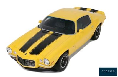 the yellow car has a black stripe on the hood