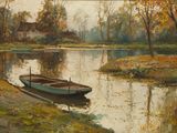 a painting of a boat on the water near a house