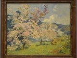 an oil painting of a tree in a field with mountains in the background