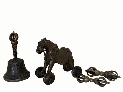 a horse pulling a carriage and a bell on a white background