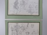 two framed drawings of people and animals on a wall