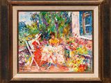 un tableau représentant une femme assise sur une chaise dans un jardin