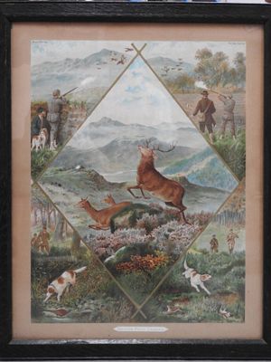 tableau encadré représentant une scène de chasse avec des cerfs, des chevreuils et d'autres animaux