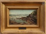 an oil painting of a rocky coast with waves crashing in the background