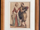 an old picture of a man and a woman walking together