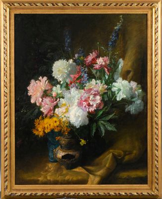 une peinture de fleurs dans un vase sur une table