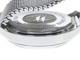 a close up of a watch with a chain around it