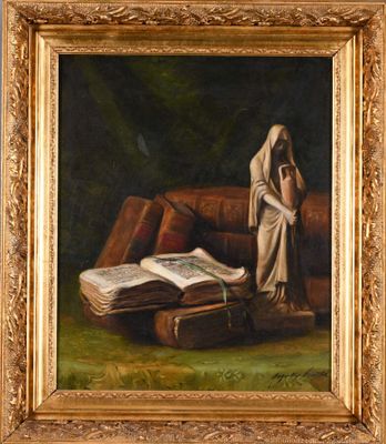 an oil painting of a woman reading a book on a couch