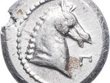 a close up of a silver coin with a horse on it