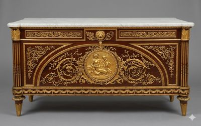 un coffre richement décoré, doté d'un plateau en marbre et de motifs dorés