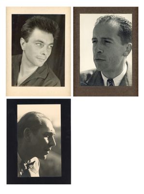 quatre photographies en noir et blanc d'un homme en costume-cravate