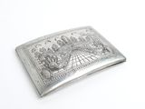 silver plated business card case with a picture of a castle on it