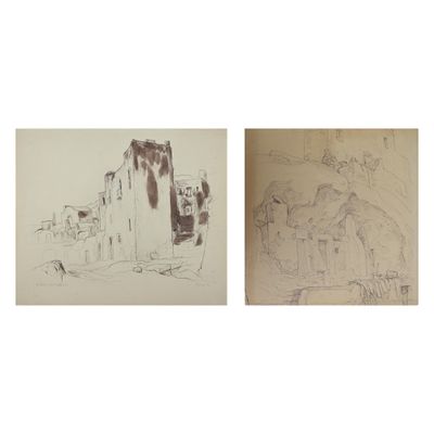 deux dessins représentant un bâtiment et un bâtiment surmonté d'une horloge