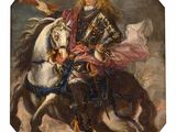 painting of a man riding on a horse with a sword in his hand