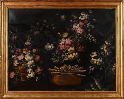 tableau représentant une nature morte composée de fleurs et de fruits, dans un cadre doré