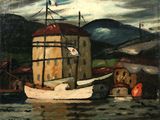 a painting of a boat in the water with a mountain in the background
