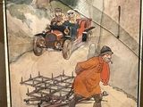 a picture of a painting of a man pulling a cart with a dog in it