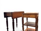 two tables with a shelf on each side of them