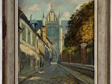 une peinture à l'huile représentant une scène de rue avec une église à l'arrière-plan