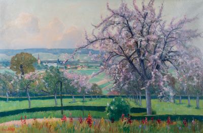 une peinture à l'huile représentant un arbre dans un champ, avec une colline en arrière-plan