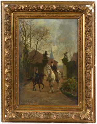 une peinture à l'huile représentant deux hommes à cheval sur un chemin