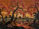 une image représentant un tableau de paysage avec des arbres au premier plan et des personnes marchant sur un sentier au loin