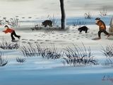 a painting of a group of people playing in the snow