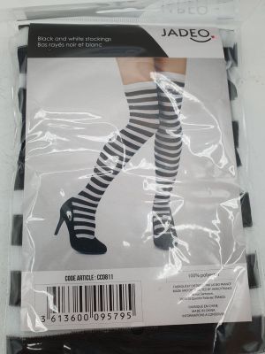 a package of black and white striped stockings with high heels