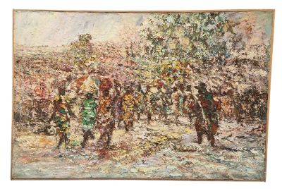 une image représentant un tableau où l'on voit un groupe de personnes marchant dans la neige