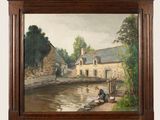 a picture of a painting of a man sitting on the bank of a river