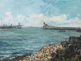 une peinture représentant une vue d'un port avec des bateaux dans l'eau