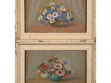 two paintings of flowers in a vase on a table