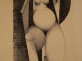 pencil drawing of a pregnant woman in a black and white dress