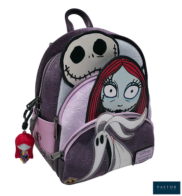 Le sac à dos est violet et il y a une image de Jack et Sally dessus.