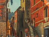 an image of a painting of a street scene with people on the sidewalk
