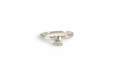 a white gold engagement ring with a single diamond