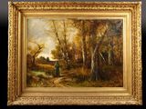 une peinture à l'huile représentant un homme avec un parapluie dans un environnement boisé