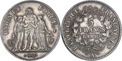 a silver coin with an image of a woman and a man on it