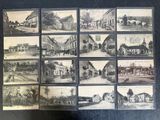 several old black and white photographs of a town with buildings