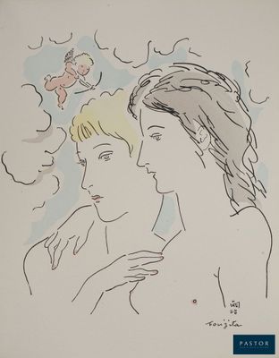 dessin représentant une femme et un homme qui se regardent, avec un Cupidon dans le ciel au-dessus d'eux