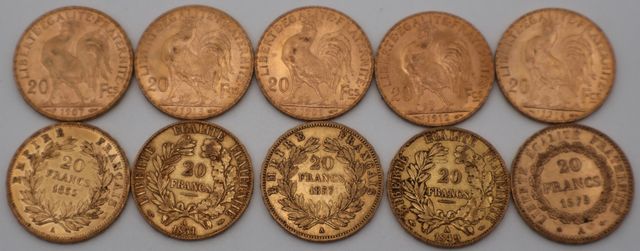 Dix pièces de monnaie en or à valeur faciale de vingt francs (dif...