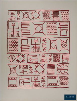 un dessin en rouge et blanc représentant plusieurs symboles