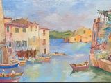 a painting of boats on the water in a harbor