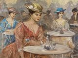 un tableau représentant une femme assise à une table avec d'autres personnes