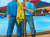 painting of two men standing next to each other on a dock