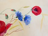a painting of red and blue flowers in a vase